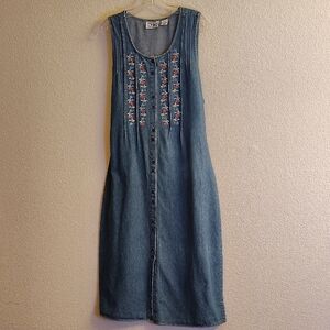 Floral Embroidered Denim Chambray Midi Dress B48 X